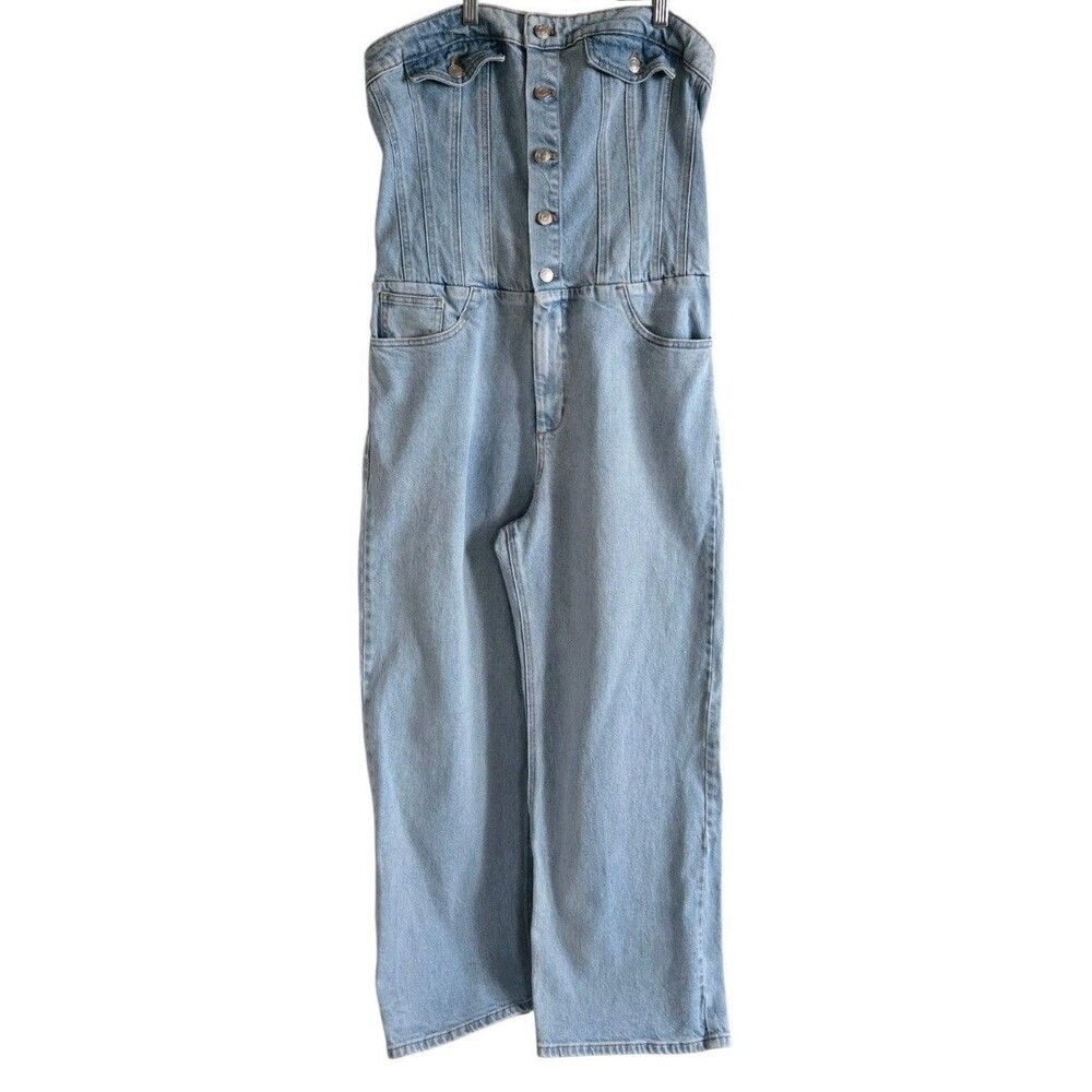 Express Denim Corset Wide Leg Jumpsuit Button Front Light Wash Size Large - Picture 2 of 8
